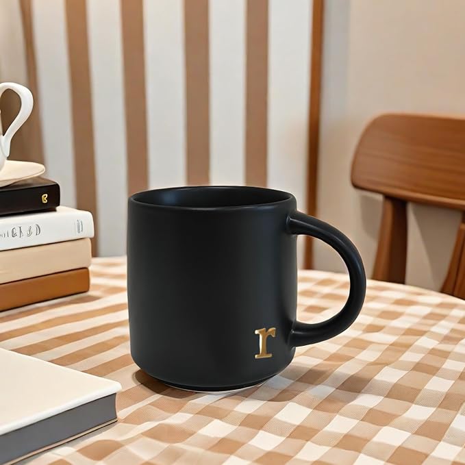 COLLECTIVE HOME Black Ceramic Coffee Mug, 15 oz Golden Monogram Tea Cup |