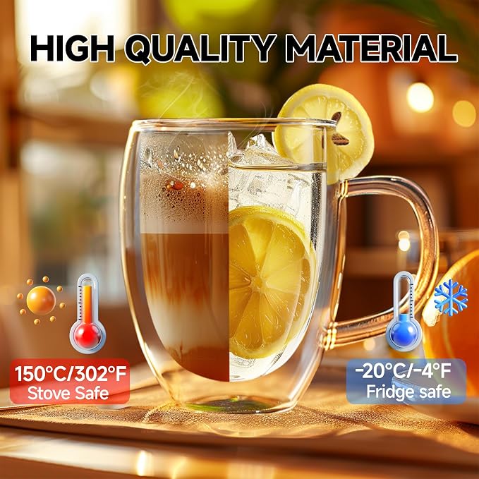 12 Ounces Set of 2 Double Walled Glass Coffee Mugs