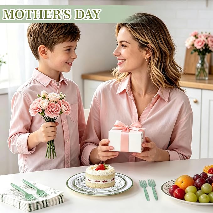 100 Pcs Disposable Sage Green Flower Tableware Set