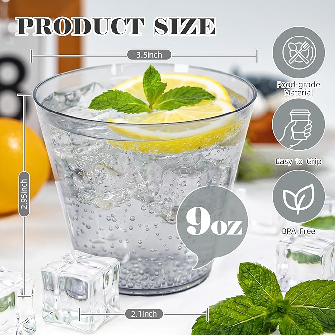 50 Pack 9oz Transparent Black Plastic Cups, Fancy Disposable Cocktail Cup |