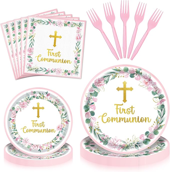 96 Pieces First Communion Floral Tableware Set – Pink Floral Cross Disposable
