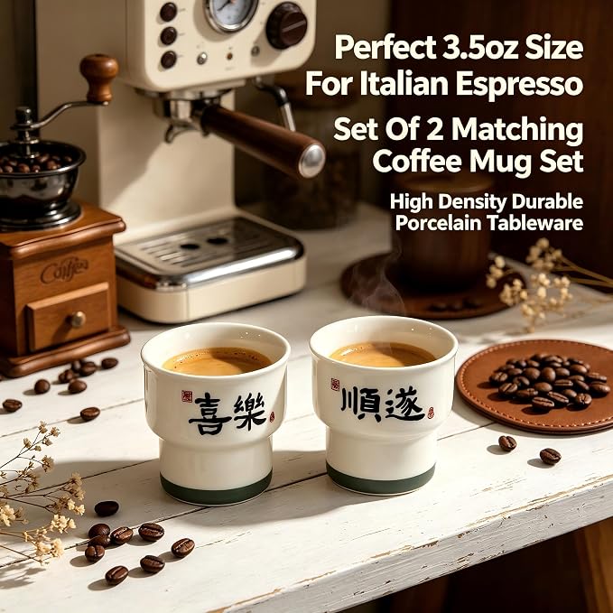 Ceramic Espresso Cups Set of 2, 3.52 OZ Handleless Demitasse Cups, Stackable