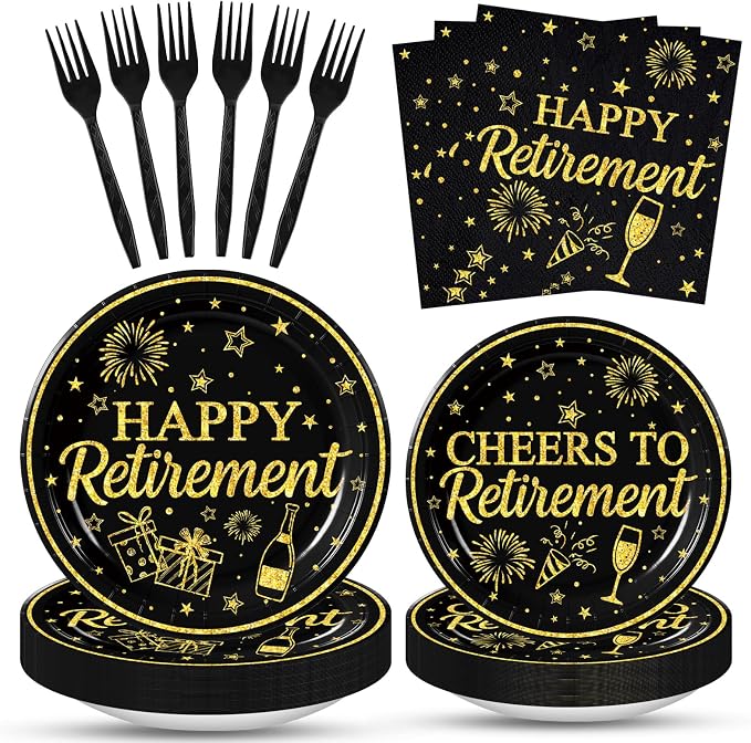 100 Pcs Happy Retirement Tableware Party Supplies Set, Serves 25 – Disposable