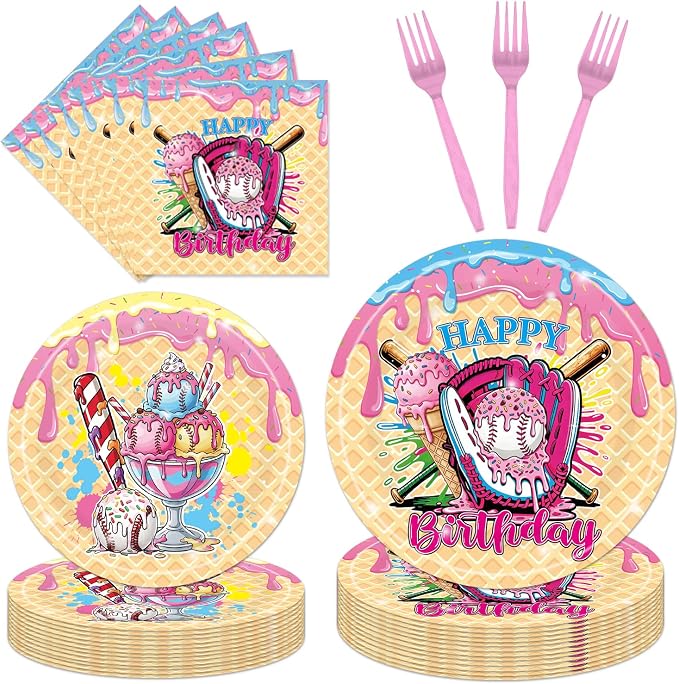 EUOYUFO 96Pcs Ice Cream Party Decorations Tableware Set Ice Cream Baseball Drip