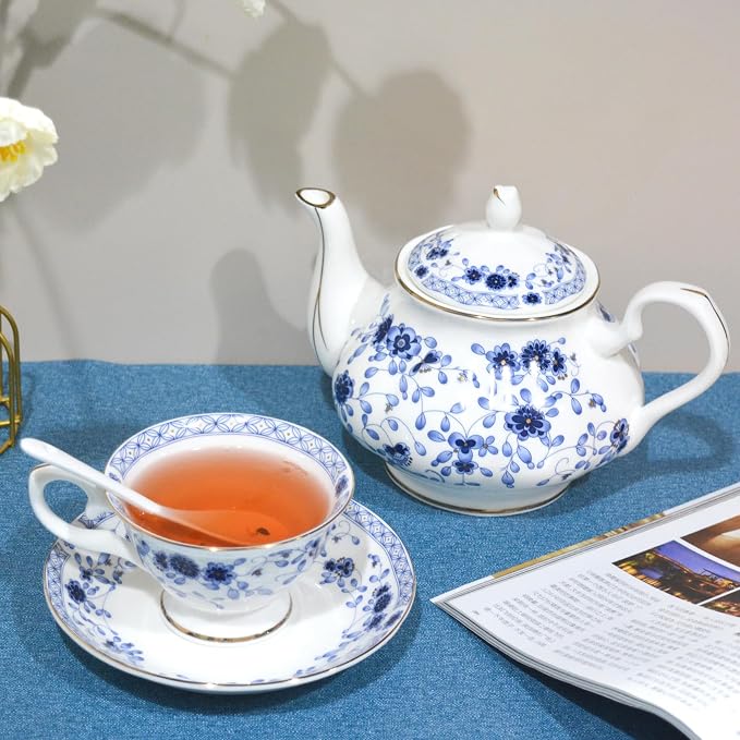 Bone China Tea Set, 21-Pieces Porcelain Tea Set