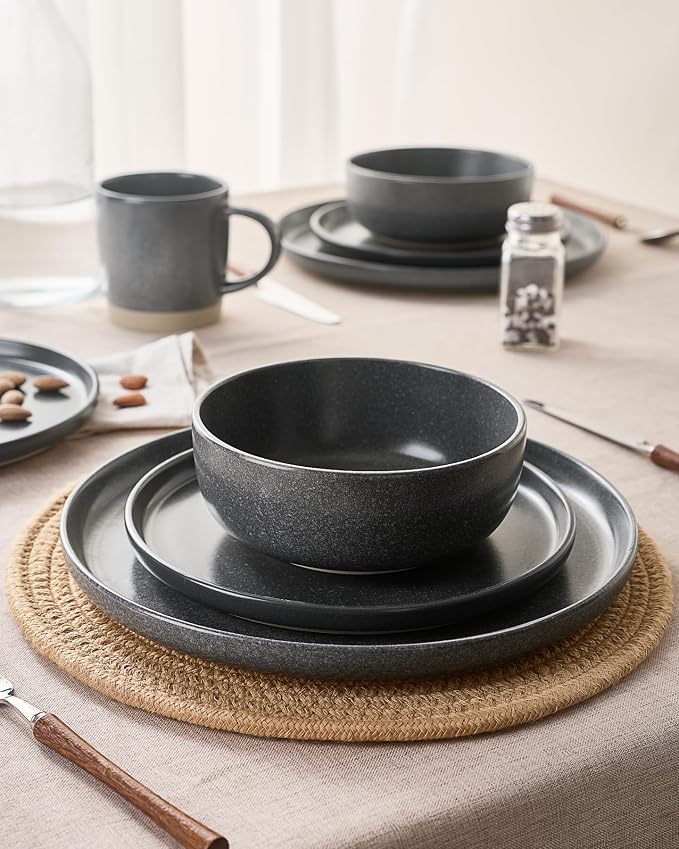 Famiware Milkyway 16-Piece Stoneware Plates and Bowls, Matte Dark Charcoal |
