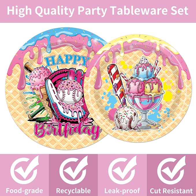 EUOYUFO 96Pcs Ice Cream Party Decorations Tableware Set Ice Cream Baseball Drip