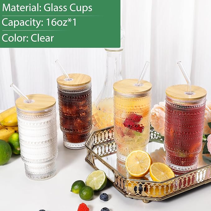 16 Oz Glass Cup with Lid and Straw, Vintage Embossed Glassware