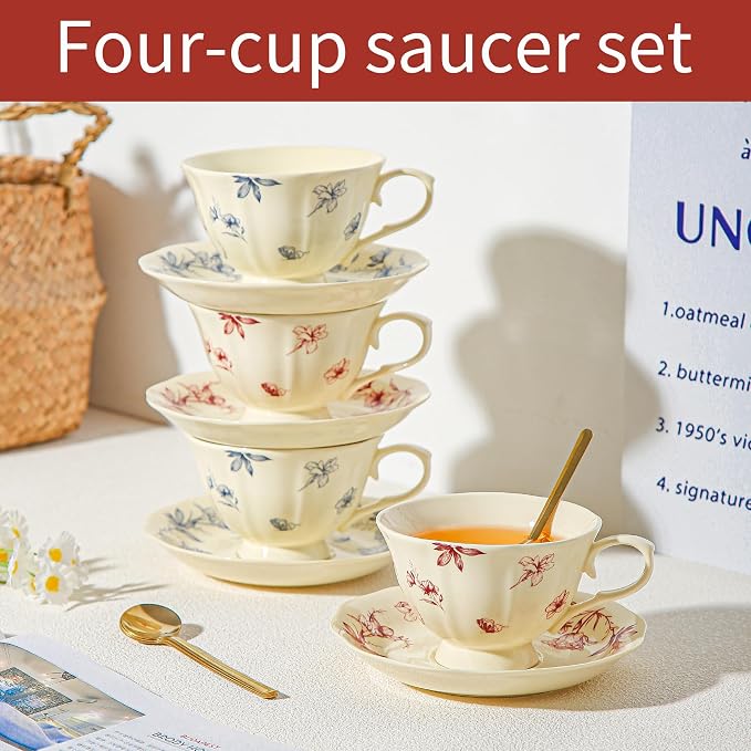 Vintage Fancy Porcelain Tea Cups and Saucers Set of 4, 8 oz China Ceramic