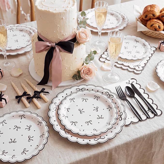 Natnarr 25 Set Black Bow Birthday Decorations Cute Bow Plates Napkins Set | 9"