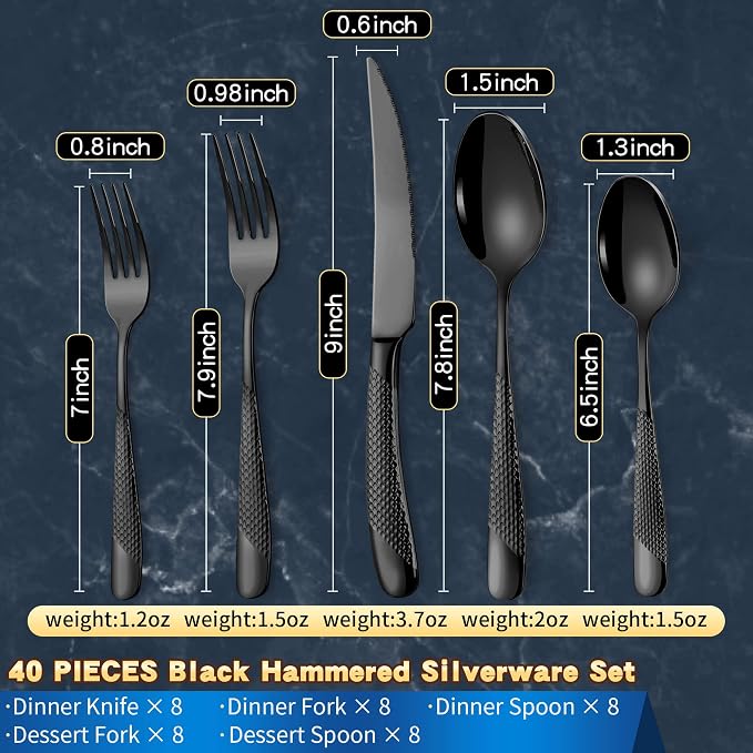 40-Piece Hammered Black Silverware Set