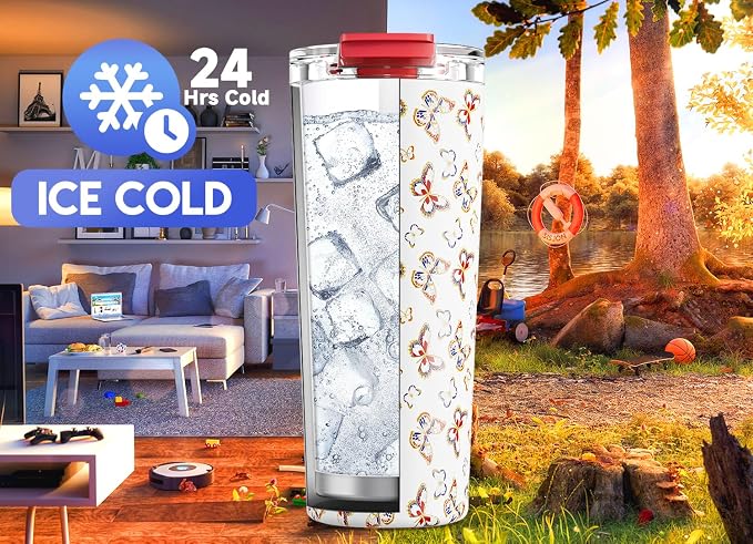 Meoky 24 oz Insulated Travel Coffee Mug: Leak Proof Lid, Jewel Butterfly |