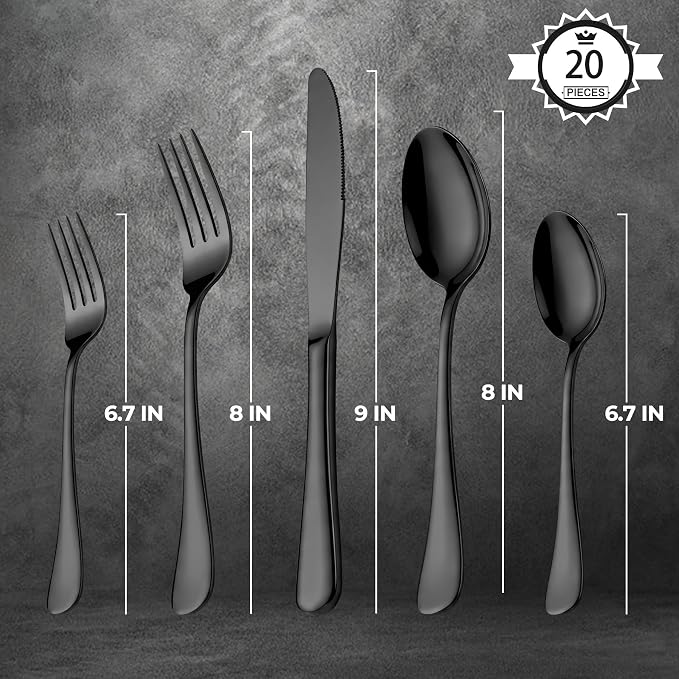 LIANYU 20 Piece Black Silverware Set, Stainless Steel Flatware Cutlery Set |