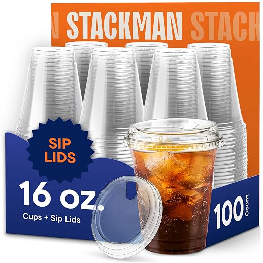 16 oz Clear Plastic Cups with Strawless Sip Lids