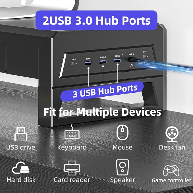 Computer monitor stand with three drawer ，22W charging, 2 USB 3.0, and 1 USB