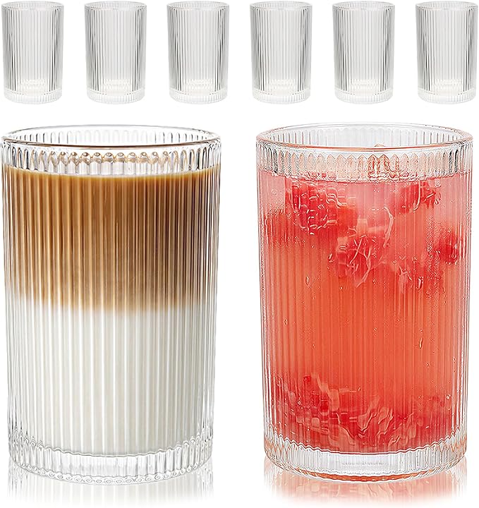 Set of 6 Large capacity Ribbed Glassware, 17oz Vintage Clear Glass Tumbler