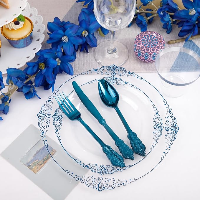 175 Pcs Clear Blue Plates for Graduation | Blue Party Plates Set for 25 Guests
