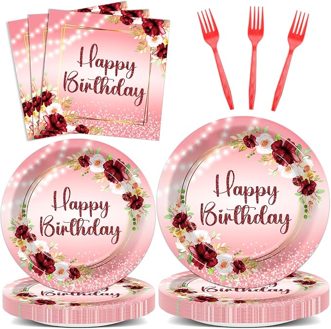 96Pcs Burgundy Birthday Party Supplies Burgundy Floral Paper Plates Napkins