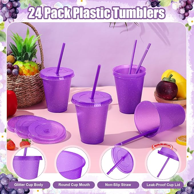 24 Pcs Plastic Tumblers with Lids and Straws, Reusable Cups with Lids Plastic