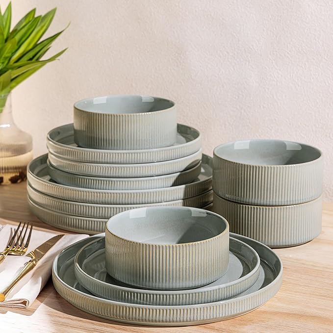 Ceramic Dinnerware Set for 4, 12-Piece Plates and Bowls Set | Lightweight
