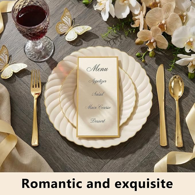 YOUBET 125PCS Ivory Scalloped Plastic Plates