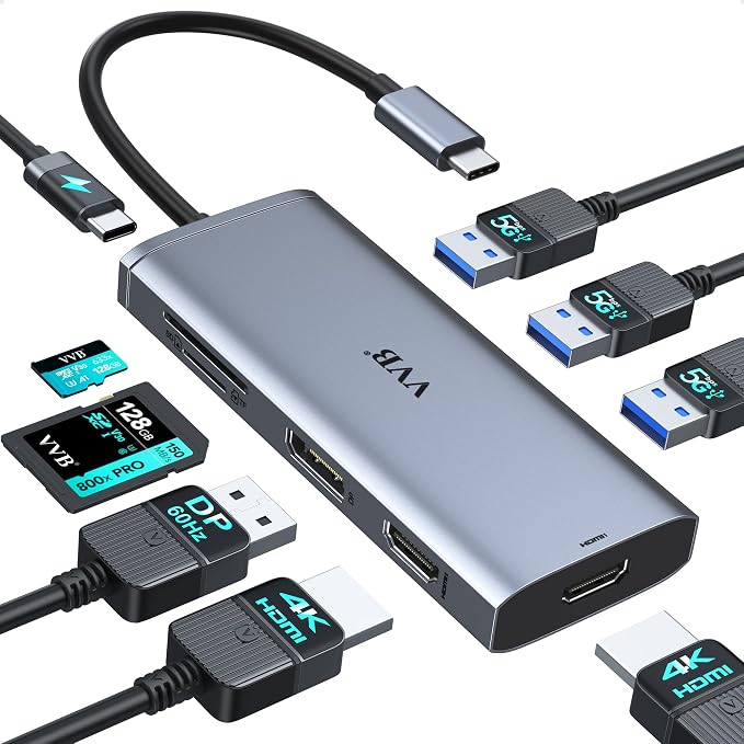 Docking Station VVB USB C Adapter, 9 in 1 Triple Display USB C Hub Multiport