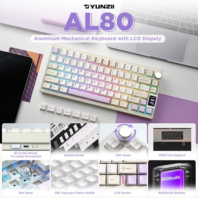 YUNZII AL80 Wireless Mechanical Keyboard, Full Aluminum CNC, Smart LCD Display