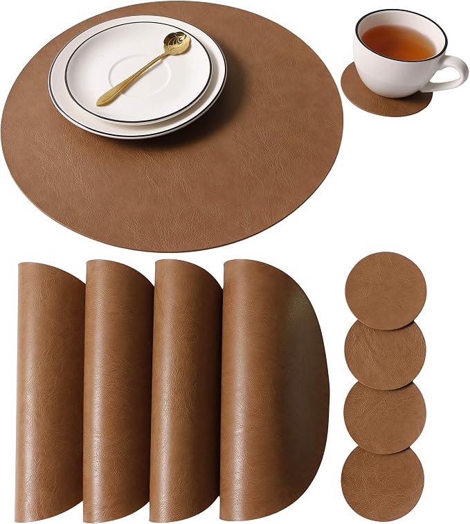 Jovono Embossed PU Leather Placemats, Waterproof Coffee Coasters, Kitchen Table
