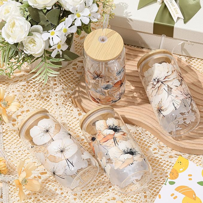 Mumufy 4 Pack Wildflower Glass Cups Gift Aesthetic Cute Glass Cup Tumbler