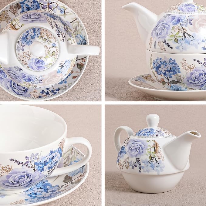 fanquare Blue and Purple Roses and Hydrangeas Porcelain Tea