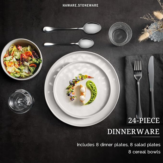 HaWare Dinnerware Sets, 24-Piece Plates and Bowls Set, Speckled White |