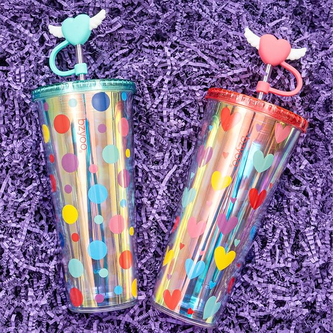 bzyoo 24 oz SIP Tumbler with Heart-Shaped w/Wing Straw Cap Cover– Cute DotDot
