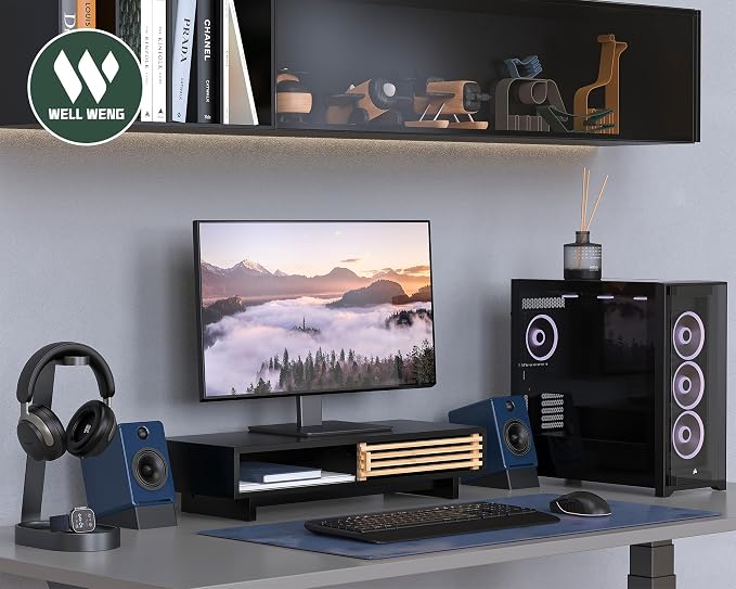 Monitor Stand Riser with Sliding Door, Computer Laptop Stand Desk Shelf