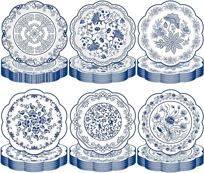 120 Pcs Blue Floral Party Plates 7 Inch Vintage Disposable Paper Plates Blue