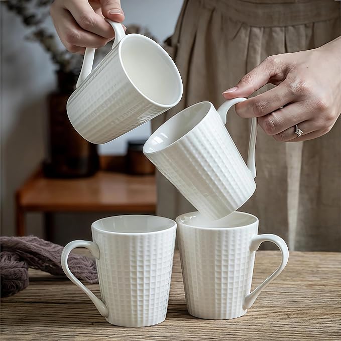 ONIGIRI Coffee Mugs Set of 4, Elegant Embossed Ceramic Coffee Cups, 300ml/10oz