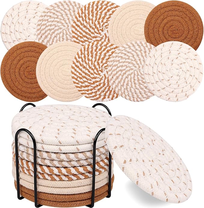 10 Pcs Drink Coasters with Holder, 5 Colors Absorbent Coasters