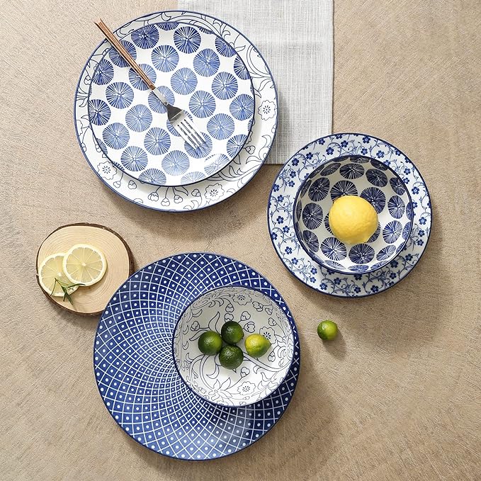Selamica Ceramic Dinnerware Sets, Vintage Blue | Scratch Resistant Dishes set