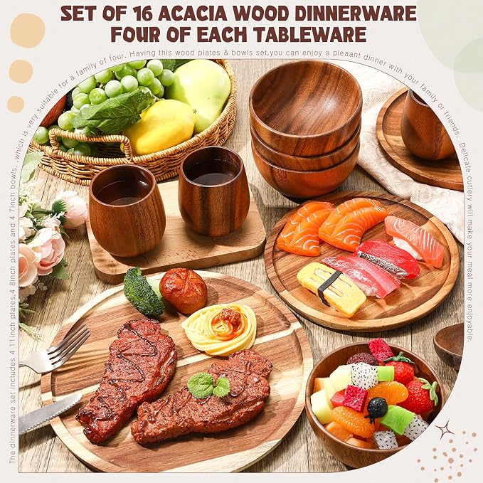 16 Pcs Acacia Wood Dinnerware Set, Round Wooden Plates, Solid Wooden Bowls and
