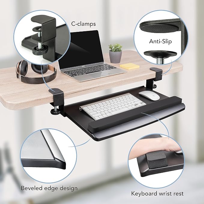 EHO Clamp-On Retractable Adjustable Keyboard Tray, Under Desk Ergonomic