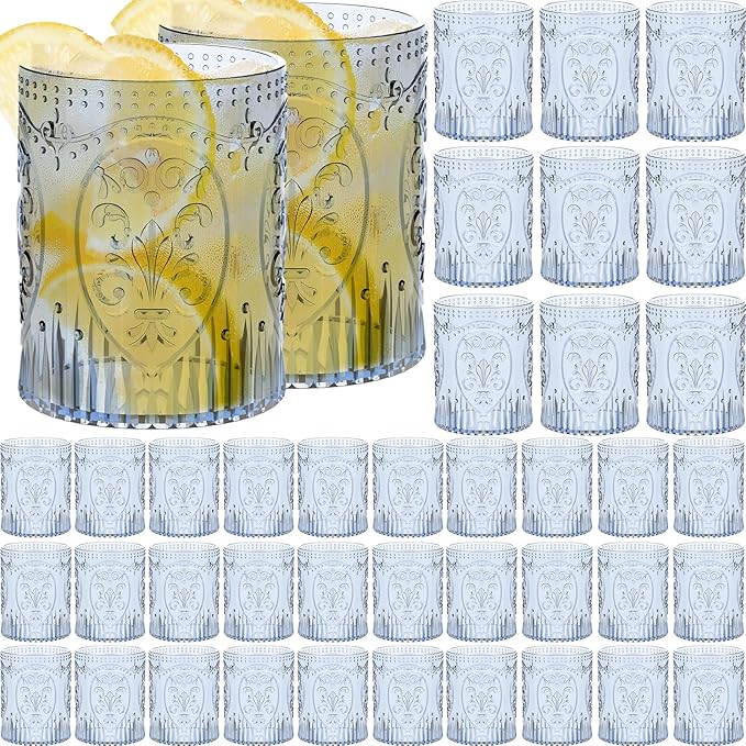 Qinyoung 48 Plastic Vintage Drinking Glasses 8.5oz Stemless Retro Embossed Wine