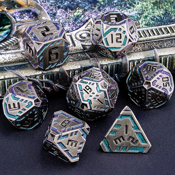 Metal DND Sci-fi Dice Set 7PCS Stripe Polyhedral Dice