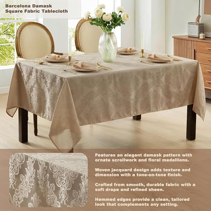 Newbridge Barcelona Luxury Damask Fabric Tablecloth, 52” Wide x 52” Square