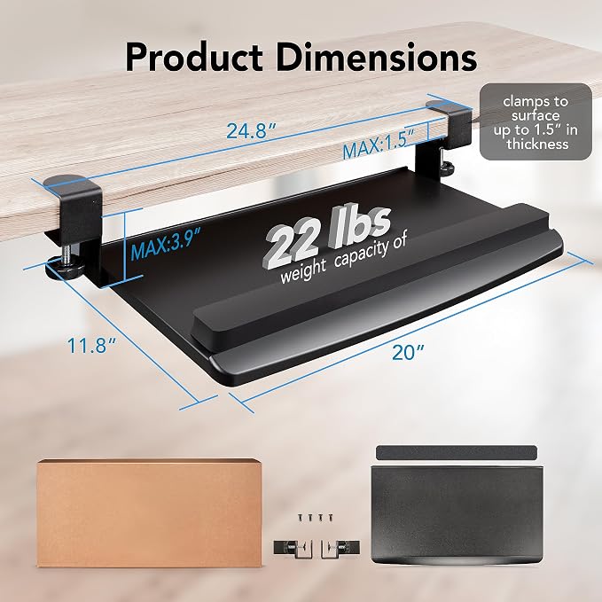 EHO Clamp-On Retractable Adjustable Keyboard Tray, Under Desk Ergonomic