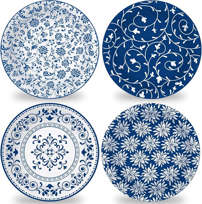 4 Set 10 Inch Blue White Porcelain Dinner Plates Melamine Blue White Floral