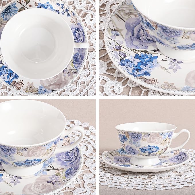 fanquare 6 oz Blue Rose and Hydrangea Porcelain Tea Cup and Saucer Set |