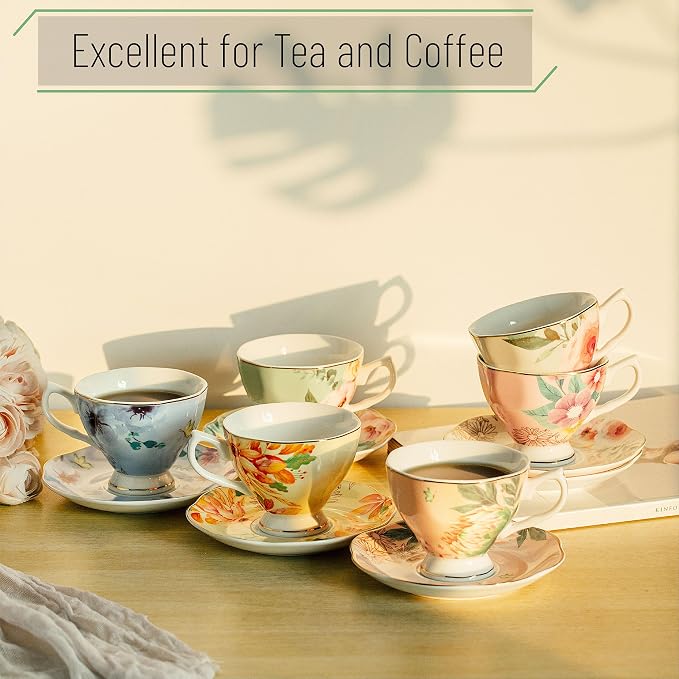 BTaT- Floral Tea Cups and Saucers, 6 Pack, 8 oz | Fine Porcelain Teacup Set
