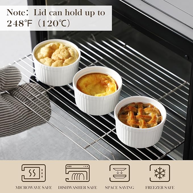 MALACASA 8 Oz Ramekins with Lids Set of 6, Porcelain Creme Brulee Cups | Oven