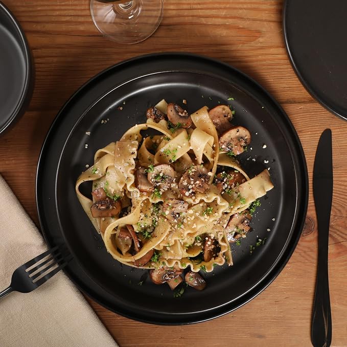 Gibson Elite Bayou Moon Plates and Bowls Sets, 16-Piece Black Matte Stoneware
