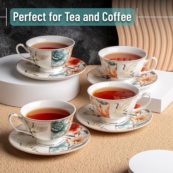 BTaT- Floral Tea Cups and Saucers Set of 4, Porcelain Tea Cup Sets