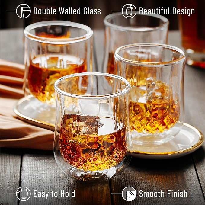 BTaT- Double Walled Drinking Glass, 4 Pack, 8 oz, Stylish Insulated Rocks Glass